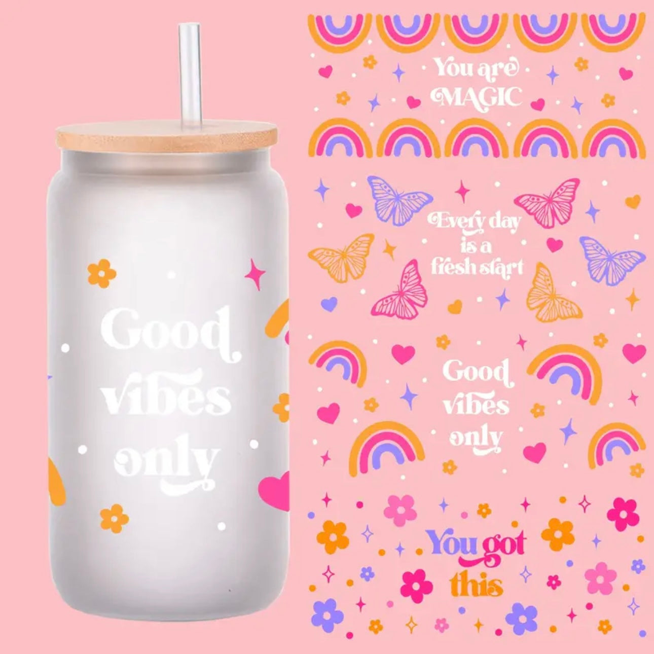 Rainbow Daisy Retro Butterfly Design 16 oz Libbey Glass Cup | UV DTF