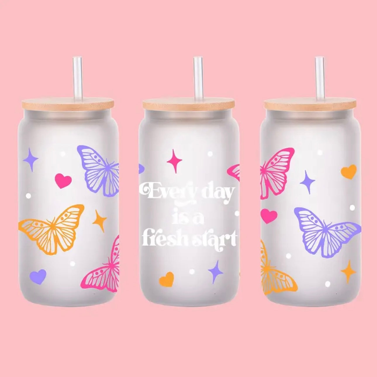 Rainbow Daisy Retro Butterfly Design 16 oz Libbey Glass Cup | UV DTF