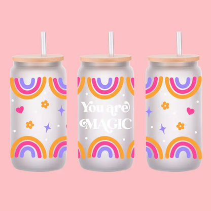 Rainbow Daisy Retro Butterfly Design 16 oz Libbey Glass Cup | UV DTF