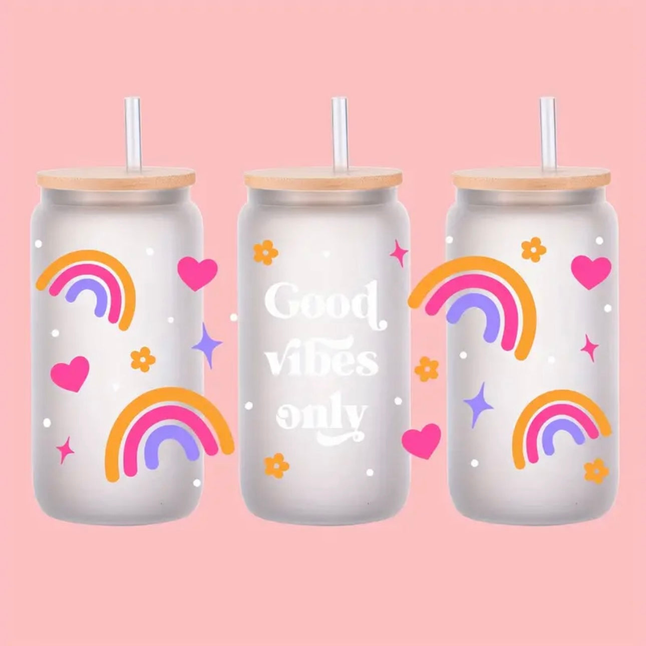 Rainbow Daisy Retro Butterfly Design 16 oz Libbey Glass Cup | UV DTF